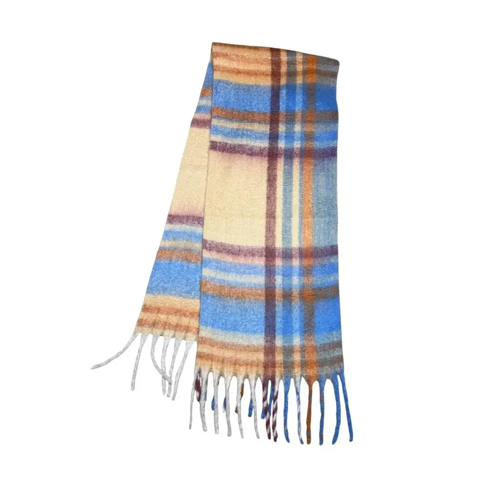 Urban Outfitters Cozy Oversized Multicolor Blue Orange Plaid Woven Fringe Scarf